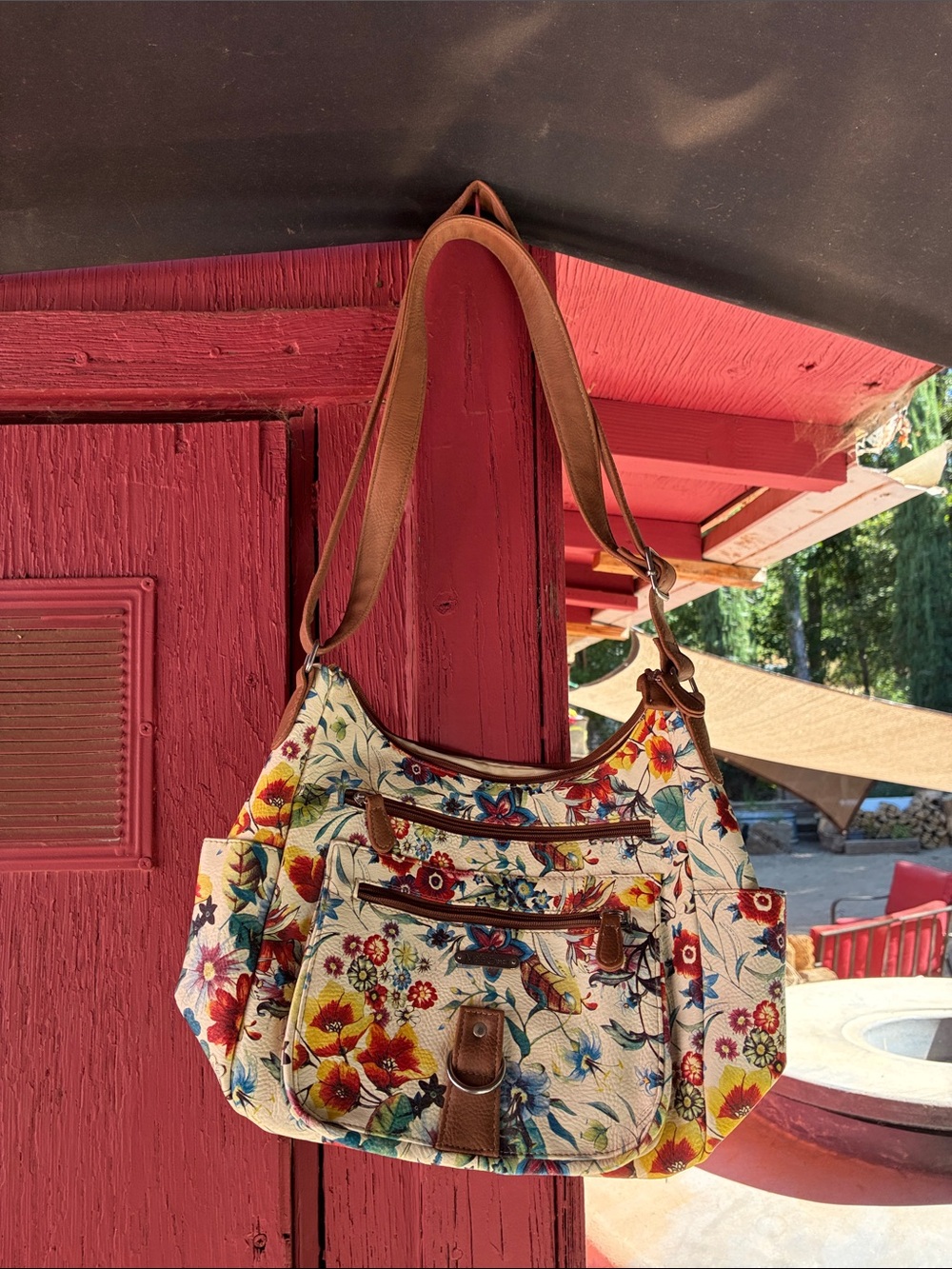 Floral Canvas Shoulder Bag with Brown Trim - Multicolor